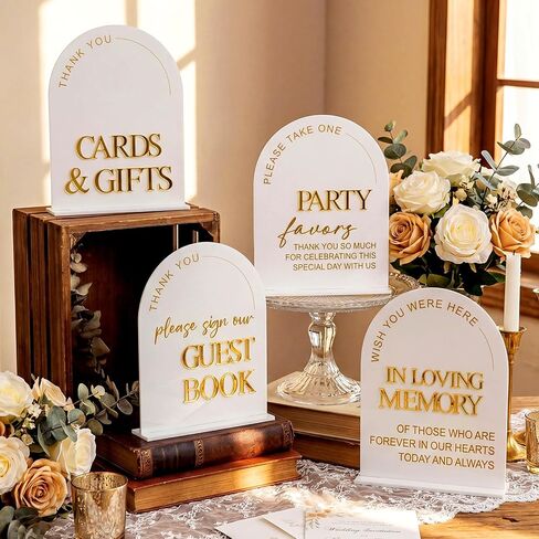 Amyhill 4 Pcs Arched Large Acrylic Wedding Signs for Reception and Ceremony 8x10 Inch in Loving Memory Table Sign with Stand 3D Golden Letter Wedding Table Decor for Cards and Gifts Guestbook Marriage in Kuwait