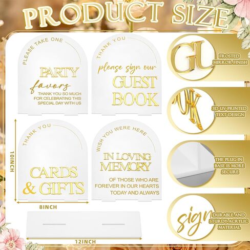 Amyhill 4 Pcs Arched Large Acrylic Wedding Signs for Reception and Ceremony 8x10 Inch in Loving Memory Table Sign with Stand 3D Golden Letter Wedding Table Decor for Cards and Gifts Guestbook Marriage in Kuwait