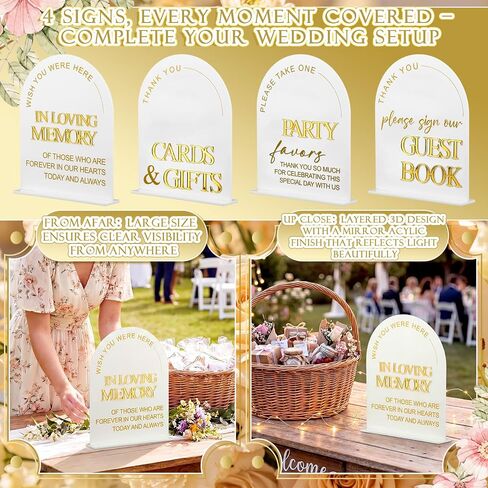 Amyhill 4 Pcs Arched Large Acrylic Wedding Signs for Reception and Ceremony 8x10 Inch in Loving Memory Table Sign with Stand 3D Golden Letter Wedding Table Decor for Cards and Gifts Guestbook Marriage in Kuwait