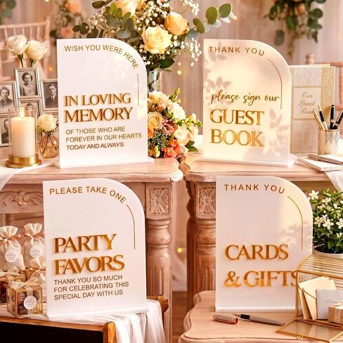 Amyhill 4 Pcs Arched Large Acrylic Wedding Signs for Reception and Ceremony 8x10 Inch in Loving Memory Table Sign with Stand 3D Golden Letter Wedding Table Decor for Cards and Gifts Guestbook Marriage in Kuwait