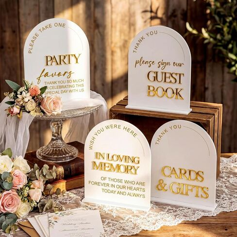 Amyhill 4 Pcs Arched Large Acrylic Wedding Signs for Reception and Ceremony 8x10 Inch in Loving Memory Table Sign with Stand 3D Golden Letter Wedding Table Decor for Cards and Gifts Guestbook Marriage in Kuwait
