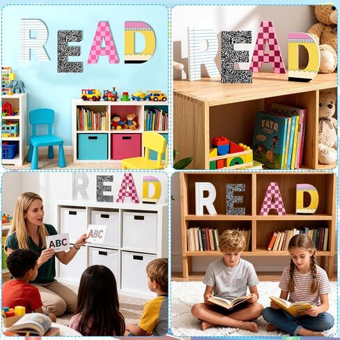 4 Pcs Reading Corner Decor for Classroom, 9 Inch Wooden Composition Notebook Letter Decor, Reading Corner Sign, Back to School Classroom Decor Perfect for Reading Rooms, School Libraries in Saudi Arabia