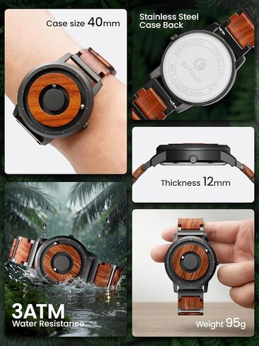 EUTOUR Magnetic Watches for Men| Unique No Hands Design with Gliding Magnet Beads|40mm Wooden Open Dial Analog Quartz Mens Watch with 3ATM and 20mm Wood Steel Band|Unique Men's Fashion Accessories in Saudi Arabia