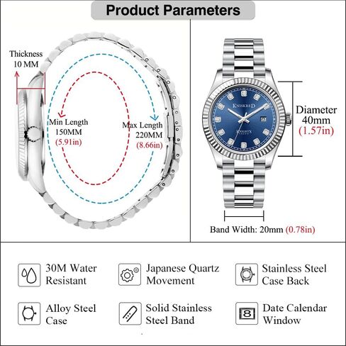 Classic Watch for Men with Solid Stainless Steel Band and Calendar Men’s Dress Watch Water Resistant in Kuwait