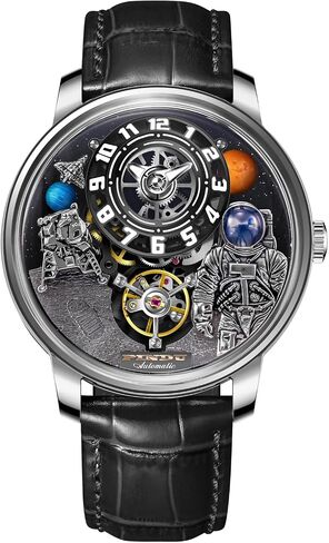 Men's Space Station Automatic Watch, Self-Winding 50m Water Resistant, Full Transparent Glass Case, Unique Space Style, Astronaut Themed Leather Strap Mechanical Watch in Saudi Arabia