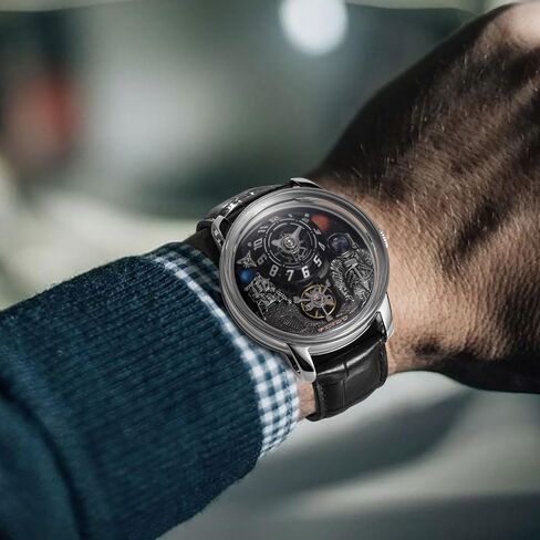 Men's Space Station Automatic Watch, Self-Winding 50m Water Resistant, Full Transparent Glass Case, Unique Space Style, Astronaut Themed Leather Strap Mechanical Watch in Saudi Arabia