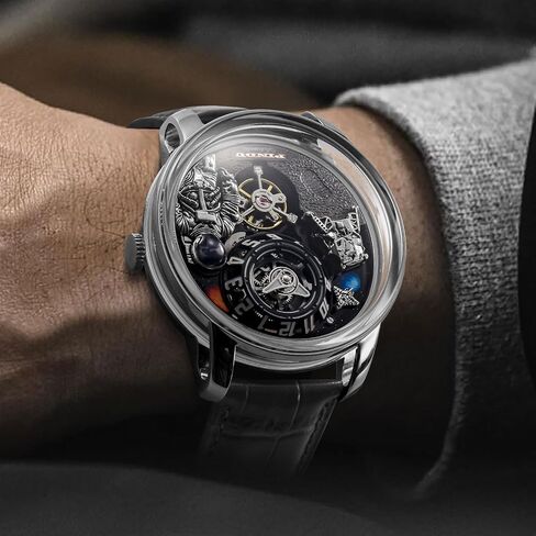Men's Space Station Automatic Watch, Self-Winding 50m Water Resistant, Full Transparent Glass Case, Unique Space Style, Astronaut Themed Leather Strap Mechanical Watch in Saudi Arabia