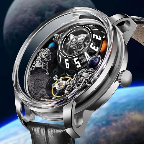 Men's Space Station Automatic Watch, Self-Winding 50m Water Resistant, Full Transparent Glass Case, Unique Space Style, Astronaut Themed Leather Strap Mechanical Watch in Saudi Arabia