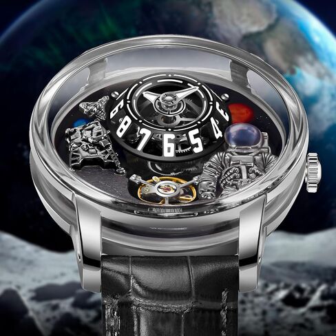 Men's Space Station Automatic Watch, Self-Winding 50m Water Resistant, Full Transparent Glass Case, Unique Space Style, Astronaut Themed Leather Strap Mechanical Watch in Saudi Arabia