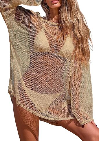 Famnbro Women Swimsuit Cover Up Crochet Sparkly Sheer Summer Bathing Suit Side Slits Kaftan Sequins Dress Beach Outfits in Saudi Arabia