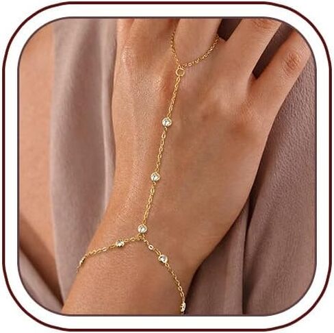 Gold Hand Chain Bracelet for Women, Ring Bracelet Hand Chain Non Tarnish Waterproof Dainty Finger Bracelet Beaded Cubic Zirconia Layered Twist Link Stack Bracelets Trendy Jewelry Gift for Her in Saudi Arabia