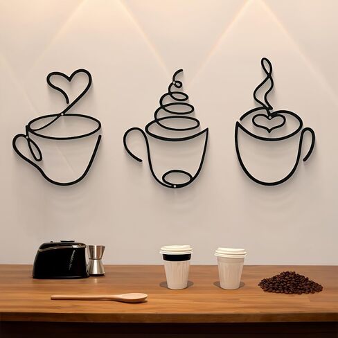 werdecade Coffee Cup Wall Art, Set of 3 Black Metal Wall Decor for Kitchen Cafe Office, Iron Artwork for Home Decor, Industrial Hanging Sculpture for Coffee Lovers (8x5.6 Inch) (black) in Saudi Arabia