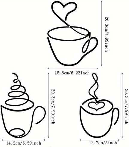 werdecade Coffee Cup Wall Art, Set of 3 Black Metal Wall Decor for Kitchen Cafe Office, Iron Artwork for Home Decor, Industrial Hanging Sculpture for Coffee Lovers (8x5.6 Inch) (black) in Saudi Arabia