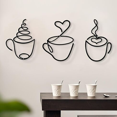werdecade Coffee Cup Wall Art, Set of 3 Black Metal Wall Decor for Kitchen Cafe Office, Iron Artwork for Home Decor, Industrial Hanging Sculpture for Coffee Lovers (8x5.6 Inch) (black) in Saudi Arabia