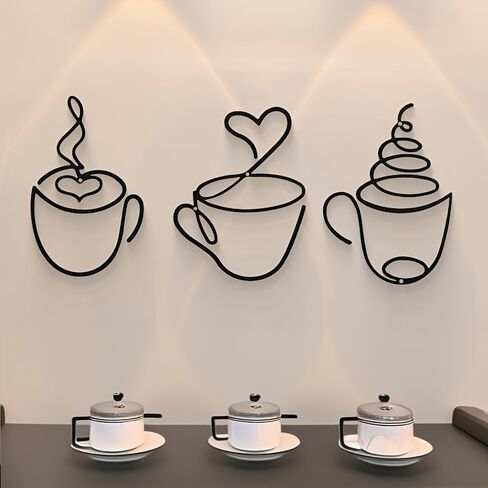 werdecade Coffee Cup Wall Art, Set of 3 Black Metal Wall Decor for Kitchen Cafe Office, Iron Artwork for Home Decor, Industrial Hanging Sculpture for Coffee Lovers (8x5.6 Inch) (black) in Saudi Arabia