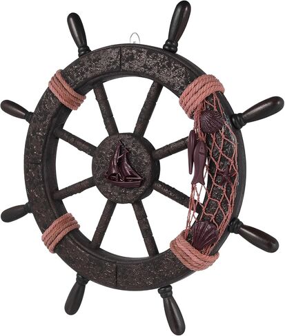 Homoyoyo Mediterranean Boat Steering Wheel Wall Decor, Rustic Wooden Ship Wheel Hanging Ornament for Nautical Home, Beach, Pirate House Decoration, 17. 7 Inch in Saudi Arabia