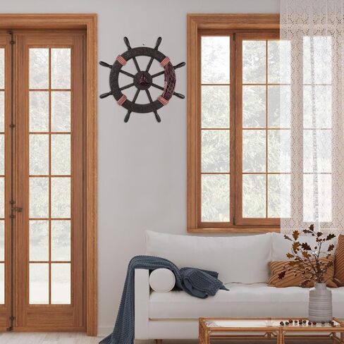 Homoyoyo Mediterranean Boat Steering Wheel Wall Decor, Rustic Wooden Ship Wheel Hanging Ornament for Nautical Home, Beach, Pirate House Decoration, 17. 7 Inch in Saudi Arabia