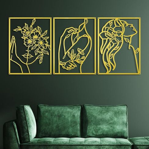 3 Pcs Gold Wall Decor, Above Bed Metal Abstract Wall Art Decor Minimalist | Woman Line Drawing Modern Line Art,Female Body Sculpture Gold Room Decors, Romantic for Kitchen Bathroom Living Room (Flower) in Saudi Arabia