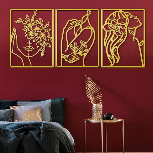 3 Pcs Gold Wall Decor, Above Bed Metal Abstract Wall Art Decor Minimalist | Woman Line Drawing Modern Line Art,Female Body Sculpture Gold Room Decors, Romantic for Kitchen Bathroom Living Room (Flower) in Saudi Arabia