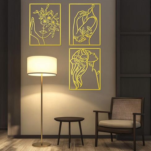 3 Pcs Gold Wall Decor, Above Bed Metal Abstract Wall Art Decor Minimalist | Woman Line Drawing Modern Line Art,Female Body Sculpture Gold Room Decors, Romantic for Kitchen Bathroom Living Room (Flower) in Saudi Arabia