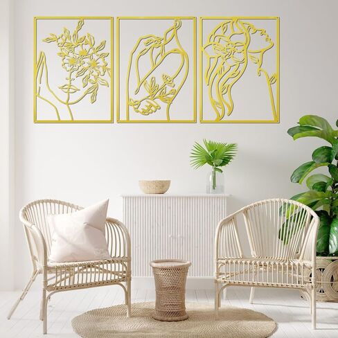 3 Pcs Gold Wall Decor, Above Bed Metal Abstract Wall Art Decor Minimalist | Woman Line Drawing Modern Line Art,Female Body Sculpture Gold Room Decors, Romantic for Kitchen Bathroom Living Room (Flower) in Saudi Arabia