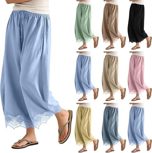 Women's Cropped Lace Hem Pants Drawstring Elastic Waist Wide Leg Capris Boho Casual Trousers with Side Pockets in Saudi Arabia