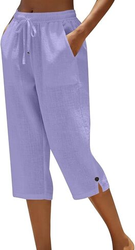 Linen Cotton Capri Pants for Women Casual Summer Drawstring Elastic Waist Loose Fit Cropped Trousers with Pockets in Kuwait