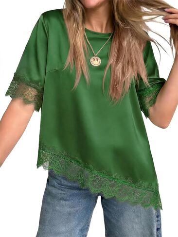 Tankaneo Womens Satin Silk Blouse Short Sleeve Loose Fit Lace Top Summer Dressy Casual Asymmetrical Shirts in Kuwait