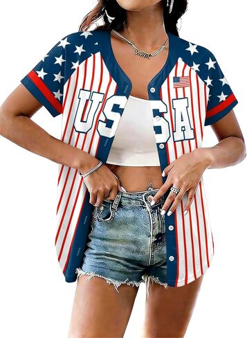 4th of July Jerseys for Women 250th Anniversary USA Shirt Memorial Day Striped Button Down Patriotic Baseball Shirt in Saudi Arabia