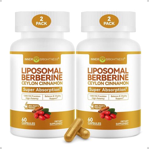 Inner Brightness Liposomal Berberine with Ceylon Cinnamon 1200MG - High-Absorption Berberine Supplement, Daily Wellness Support - Non-GMO, 60 Veg Capsules, Made in USA, Lab Tested in Saudi Arabia