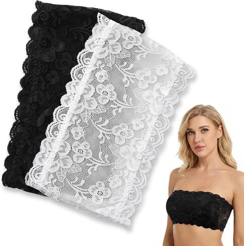 Lace Tube Top - 2Pcs Strapless Lace Bandeau, Seamless Bandeau Bralette for Low Neckline Cleavage Cover (X-Large) Black, White in Saudi Arabia