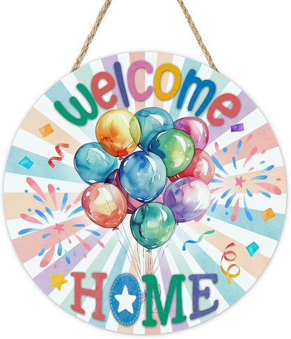 Welcome Home Watercolor Balloons Front Door Sign, Military Army Returning Back Homecoming Wood Plaque Hanger Outdoor Home Decor, Family Housewarming Party Wooden Wreath Wall Hanging Decoration in Kuwait