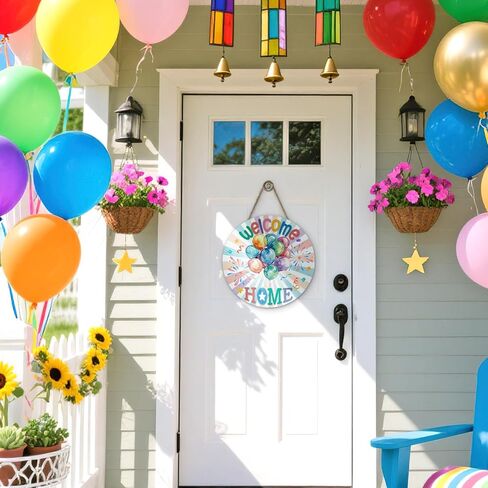 Welcome Home Watercolor Balloons Front Door Sign, Military Army Returning Back Homecoming Wood Plaque Hanger Outdoor Home Decor, Family Housewarming Party Wooden Wreath Wall Hanging Decoration in Kuwait