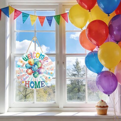Welcome Home Watercolor Balloons Front Door Sign, Military Army Returning Back Homecoming Wood Plaque Hanger Outdoor Home Decor, Family Housewarming Party Wooden Wreath Wall Hanging Decoration in Kuwait