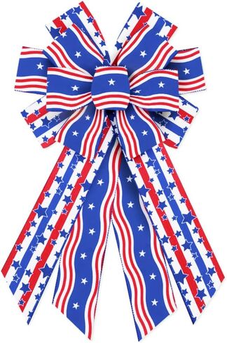 Red White Blue Patriotic Wreath Bow, 4th of July Burlap Ribbon with Straight Wavy Stripes and Blue Star for Independence Day Memorial Day Veterans Day Front Door Indoor Outdoor Farmhouse Decor in Saudi Arabia