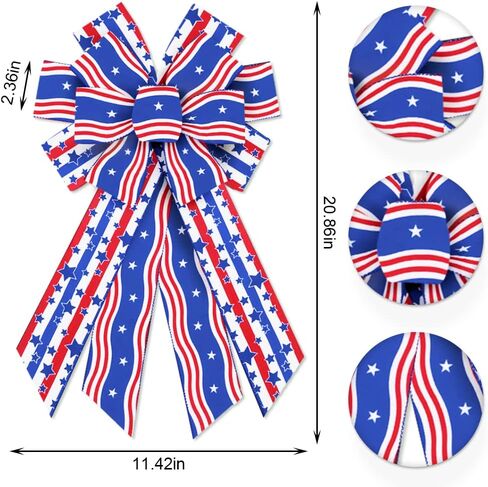 Red White Blue Patriotic Wreath Bow, 4th of July Burlap Ribbon with Straight Wavy Stripes and Blue Star for Independence Day Memorial Day Veterans Day Front Door Indoor Outdoor Farmhouse Decor in Saudi Arabia
