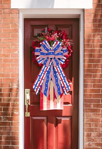 Red White Blue Patriotic Wreath Bow, 4th of July Burlap Ribbon with Straight Wavy Stripes and Blue Star for Independence Day Memorial Day Veterans Day Front Door Indoor Outdoor Farmhouse Decor in Saudi Arabia