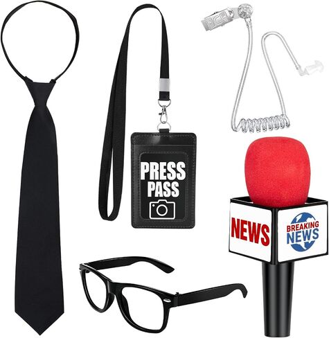 Journalist News Reporter Costume Accessories for Adult/Kids,News Reporter Set with Fake News Microphone Prop Press Pass Glasses Tie for Halloween Cosplay Black in Saudi Arabia