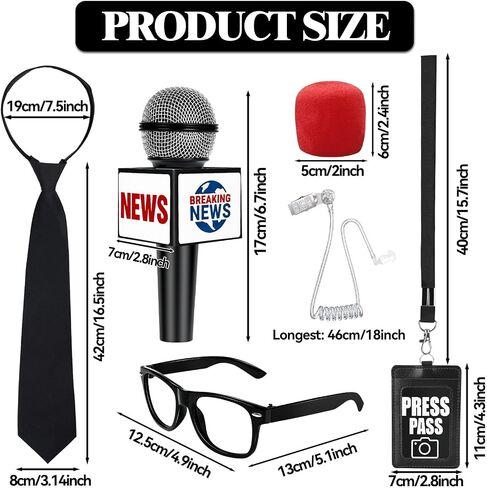 Journalist News Reporter Costume Accessories for Adult/Kids,News Reporter Set with Fake News Microphone Prop Press Pass Glasses Tie for Halloween Cosplay Black in Saudi Arabia