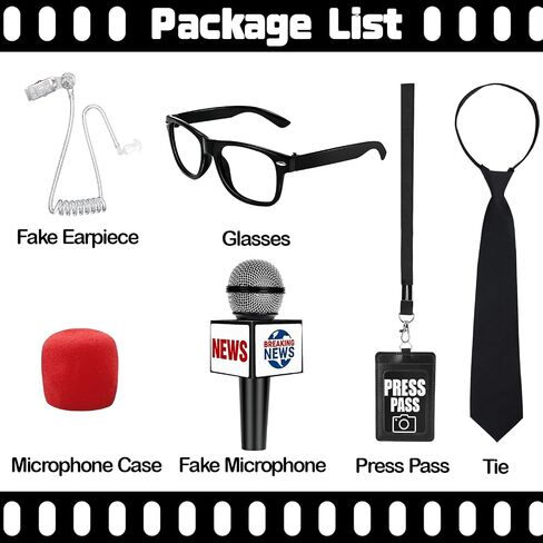 Journalist News Reporter Costume Accessories for Adult/Kids,News Reporter Set with Fake News Microphone Prop Press Pass Glasses Tie for Halloween Cosplay Black in Saudi Arabia