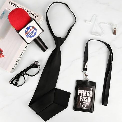 Journalist News Reporter Costume Accessories for Adult/Kids,News Reporter Set with Fake News Microphone Prop Press Pass Glasses Tie for Halloween Cosplay Black in Saudi Arabia