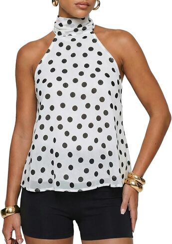 BAIGRAM Women Sleeveless Polka Dot Mesh Halter Tank Backless Flowy Peplum Tops Tie Up Scarf Mock Neck Cami Summer Going Out in Saudi Arabia