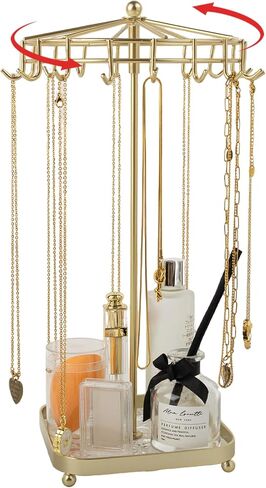 Rotating Necklace Holder Golden Metal Jewelry Stand Organizer With Acrylic Storage Base Gift for Women in Saudi Arabia