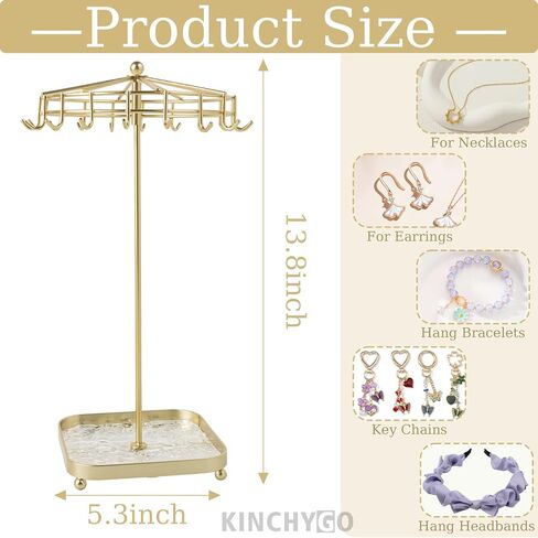 Rotating Necklace Holder Golden Metal Jewelry Stand Organizer With Acrylic Storage Base Gift for Women in Saudi Arabia