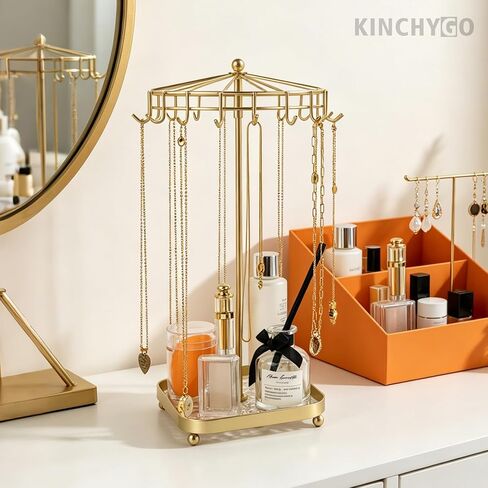 Rotating Necklace Holder Golden Metal Jewelry Stand Organizer With Acrylic Storage Base Gift for Women in Saudi Arabia