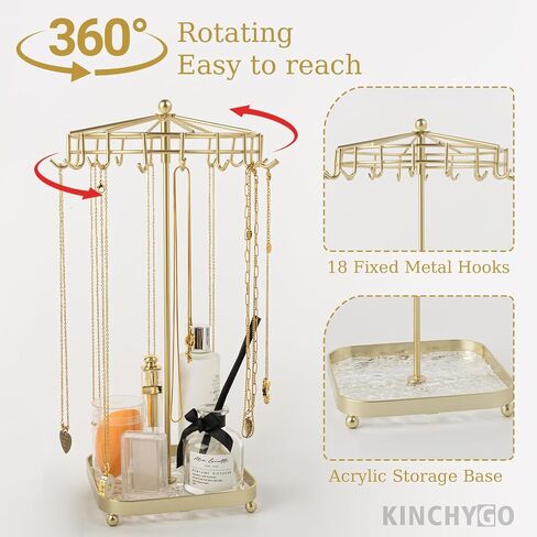 Rotating Necklace Holder Golden Metal Jewelry Stand Organizer With Acrylic Storage Base Gift for Women in Saudi Arabia