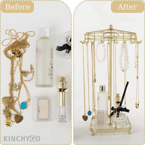 Rotating Necklace Holder Golden Metal Jewelry Stand Organizer With Acrylic Storage Base Gift for Women in Saudi Arabia