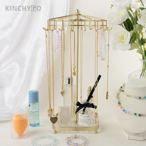 Rotating Necklace Holder Golden Metal Jewelry Stand Organizer With Acrylic Storage Base Gift for Women in Saudi Arabia