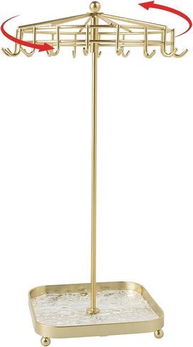 Rotating Necklace Holder Golden Metal Jewelry Stand Organizer With Acrylic Storage Base Gift for Women in Saudi Arabia