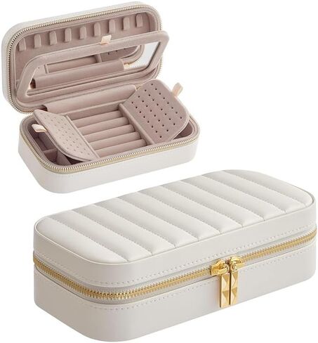 White Medium Travel Jewelry Box with Metal Zipper, Detachable Organizer & Mirror, Portable Case for Rings/Earrings - Ideal Gift in Saudi Arabia